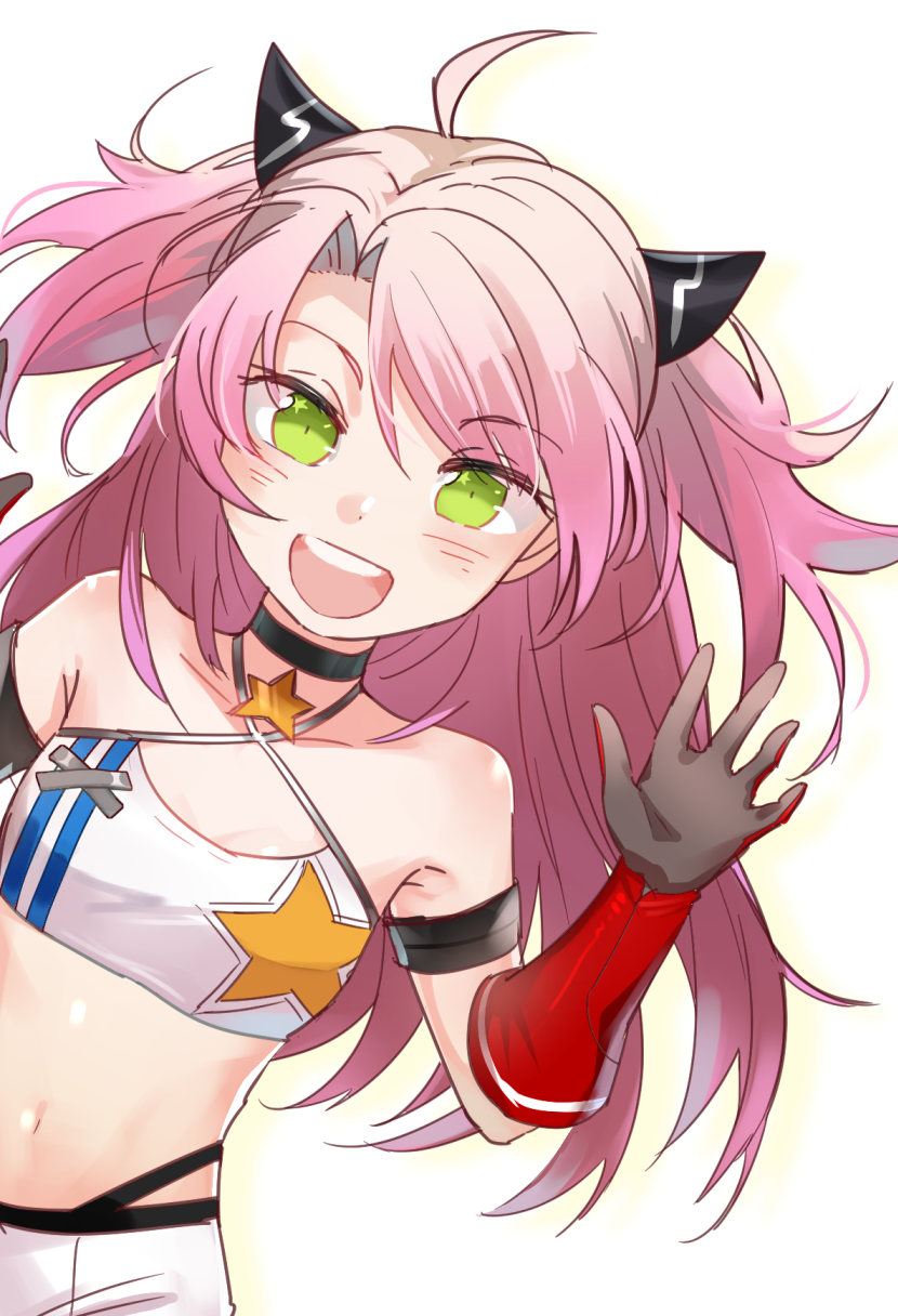 1girl :d ahoge armband azur_lane bare_shoulders black_choker black_gloves blush breasts choker cleavage collarbone criss-cross_halter crop_top dot_nose elbow_gloves eyebrows eyebrows_visible_through_hair eyes_visible_through_hair facing_viewer gloves green_eyes hair_intakes hair_ornament halter_top halterneck highres houston_(azur_lane) looking_at_viewer mumunga_g navel open_mouth pink_hair short_hair simple_background small_breasts smile solo star star_choker star_print stomach teeth tongue two_side_up white_background