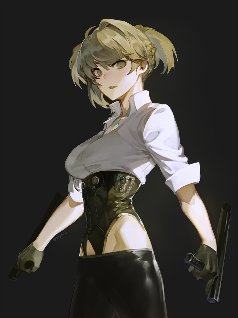 1girl ahoge bangs black_background black_gloves blonde_hair braid breasts collared_shirt commentary_request corset dutch_angle girls_frontline gloves grey_eyes half_updo looking_at_viewer medium_breasts olys open_mouth pants shirt sleeves_rolled_up solo twintails welrod_mk2_(girls_frontline) wing_collar