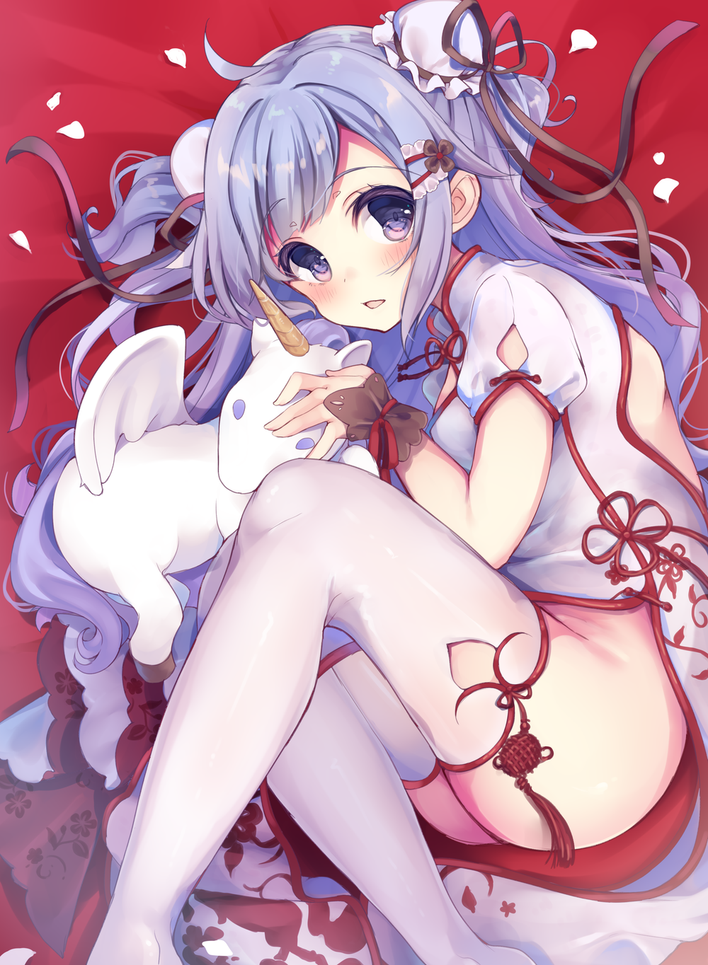 1girl azur_lane bangs black_ribbon blush china_dress chinese_clothes commentary_request double_bun dress eyebrows_visible_through_hair highres long_hair looking_at_viewer looking_to_the_side lying momoirone on_side parted_lips pelvic_curtain purple_hair ribbon side_bun sidelocks solo stuffed_animal stuffed_pegasus stuffed_toy stuffed_unicorn thigh-highs unicorn_(azur_lane) very_long_hair violet_eyes white_dress white_legwear wrist_cuffs