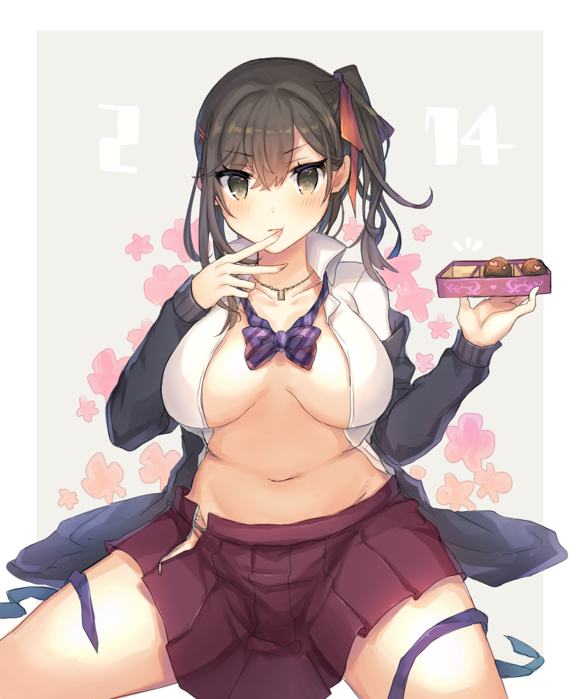 1girl bangs blush breasts brown_eyes brown_hair cardigan chocolate closed_mouth collarbone collared_shirt curvy dated eyebrows_visible_through_hair jewelry large_breasts lips looking_at_viewer navel necklace open_cardigan open_clothes open_shirt original pleated_skirt purple_skirt school_uniform shikino_yuki shirt side_ponytail sitting skirt smile solo spread_legs thighs valentine wing_collar