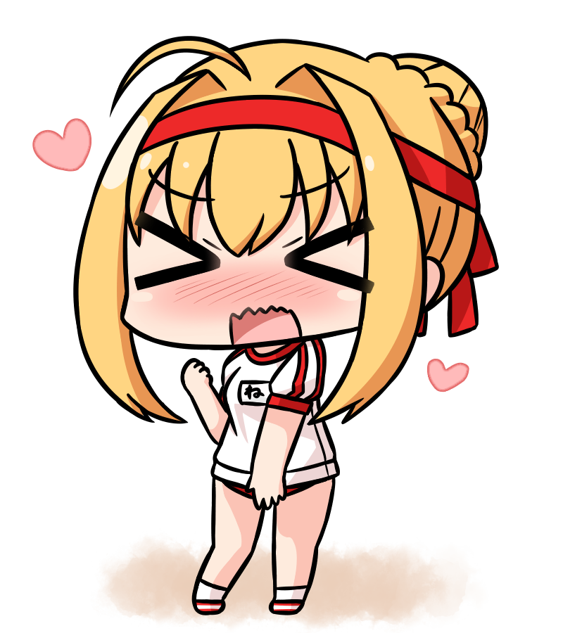 &gt;_&lt; 1girl ahoge blonde_hair blush braid buruma commentary_request facing_viewer fate/grand_order fate_(series) full_body gym_shirt gym_uniform hair_bun hana_kazari headband heart name_tag nero_claudius_(fate) nero_claudius_(fate)_(all) nose_blush olympian_bloomers open_mouth puffy_short_sleeves puffy_sleeves red_buruma red_footwear shirt short_sleeves sidelocks socks solo standing wavy_mouth white_legwear white_shirt