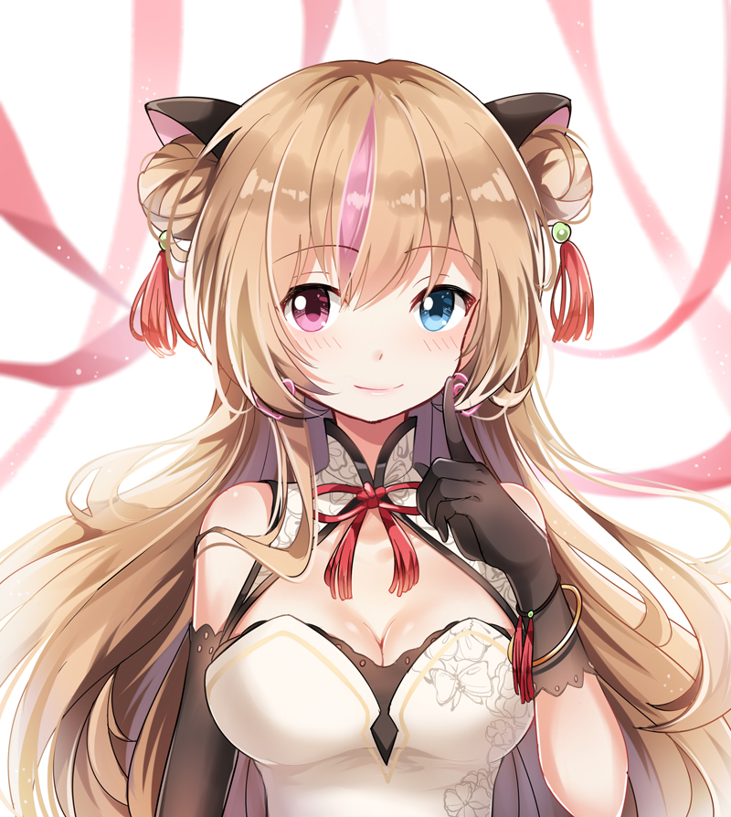 1girl animal_ears blush bracelet breasts brown_hair cat_ears china_dress chinese_clothes cleavage cleavage_cutout double_bun dress earrings eyebrows_visible_through_hair girls_frontline gloves heart heart_earrings heterochromia jewelry long_hair looking_at_viewer mk_23_(girls_frontline) multicolored_hair smile streaked_hair yasuna_(nanjiang)