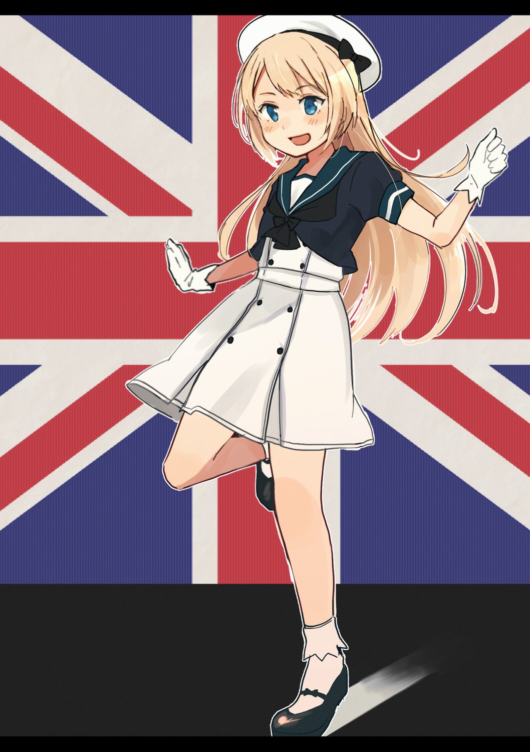 1girl :d annin_musou black_footwear blonde_hair blue_eyes blue_sailor_collar dress gloves hat highres jervis_(kantai_collection) kantai_collection long_hair open_mouth sailor_collar sailor_dress shoes short_sleeves smile socks solo white_gloves white_hat white_legwear