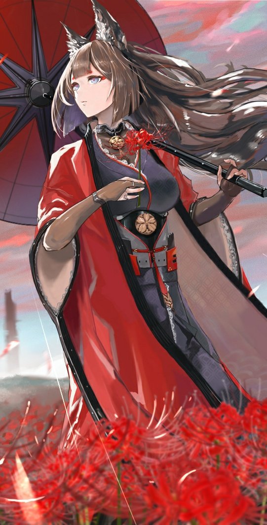 1girl amagi_(azur_lane) animal_ears azur_lane black_kimono breasts brown_hair clouds coat field flower flower_field fox_ears japanese_clothes kdm_(ke_dama) kimono kitsune long_hair long_sleeves oriental_umbrella red_coat sky solo umbrella wide_sleeves