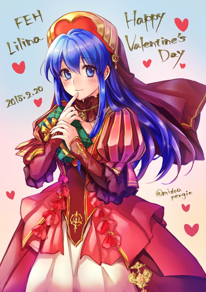 1girl blue_eyes blue_hair blush dress fire_emblem fire_emblem:_fuuin_no_tsurugi fire_emblem_heroes gloves hat jewelry lilina long_hair looking_at_viewer mintes simple_background smile solo translation_request