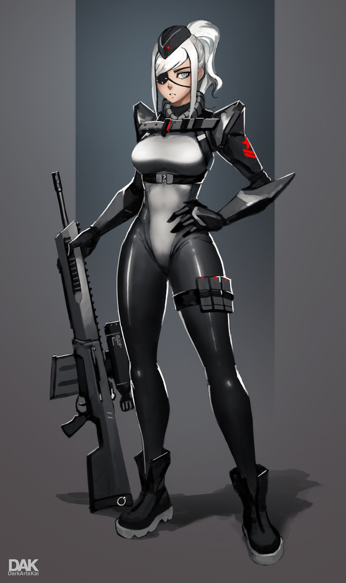 1girl artist_name beret black_bodysuit black_footwear blue_eyes bodysuit boots breasts commentary contrapposto dark_arts_kai eyepatch full_body grey_background gun hand_on_hip hat highres large_breasts legband looking_at_viewer one_eye_covered original parted_lips ponytail pouch rifle sniper_rifle solo weapon white_hair