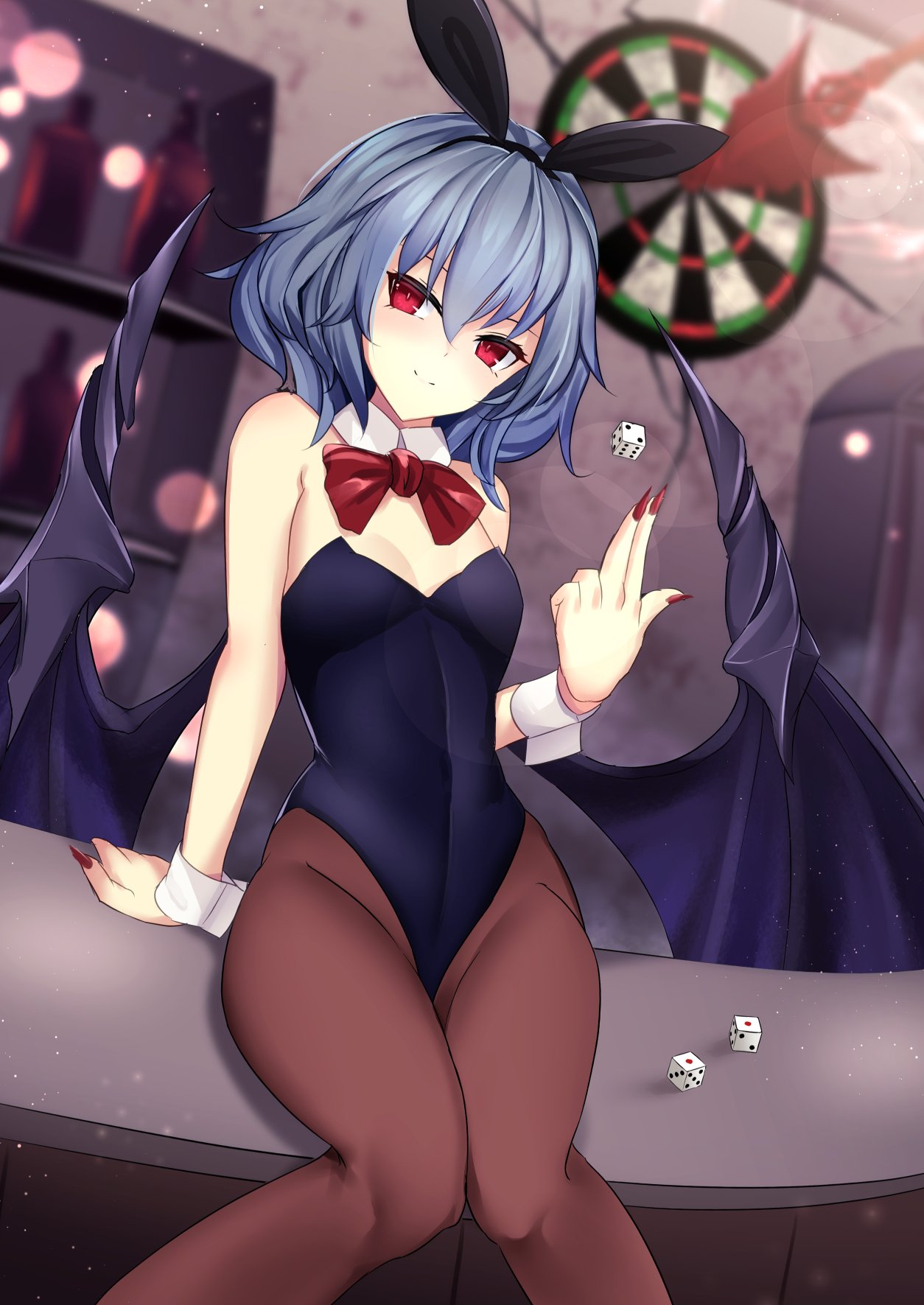 1girl alternate_costume animal_ears bare_arms bare_shoulders bat_wings blue_hair bottle bow breasts bunnysuit commentary_request dartboard dice fake_animal_ears feet_out_of_frame fingernails hair_between_eyes head_tilt highres knees_together_feet_apart looking_at_viewer nail_polish neck_bow pantyhose rabbit_ears red_bow red_eyes red_nails red_neckwear remilia_scarlet sharp_fingernails shelf short_hair sinkai sitting small_breasts smile solo touhou wings wrist_cuffs