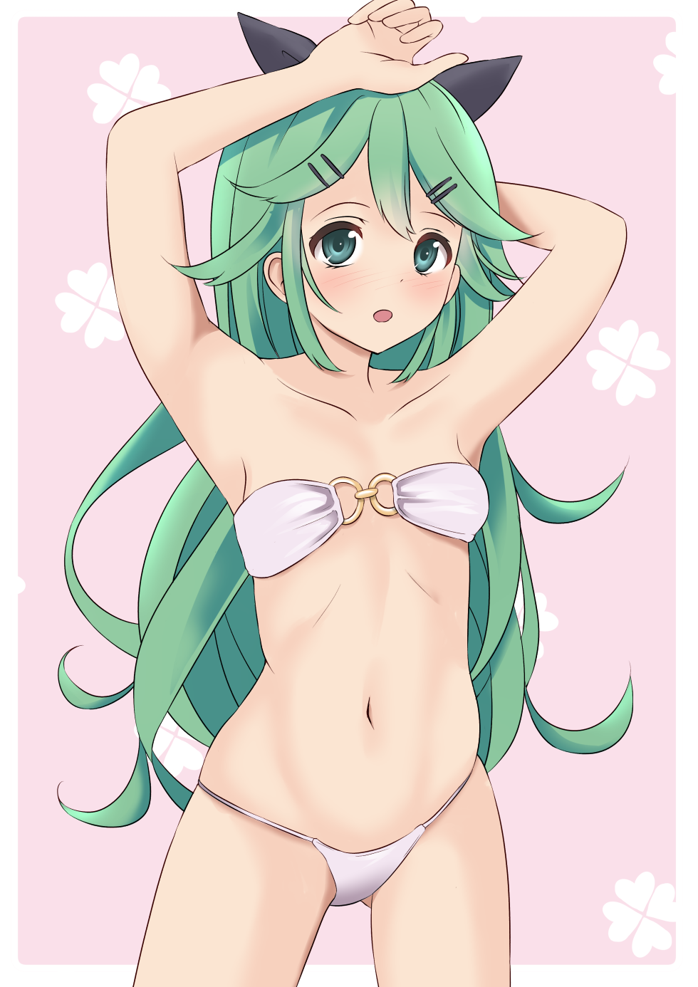 1girl alternate_breast_size armpits arms_up bikini black_ribbon cowboy_shot flat_chest gluteal_fold green_eyes green_hair hair_between_eyes hair_ribbon highres kamikitayotsuba kantai_collection long_hair looking_at_viewer navel pink_background pink_bikini ponytail ribbon solo swimsuit yamakaze_(kantai_collection)