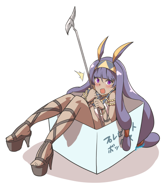 /\/\/\ 1girl bangs black_footwear blush box dark_skin earrings egyptian egyptian_clothes eiri_(eirri) eyebrows_visible_through_hair fate/grand_order fate_(series) hair_between_eyes headband holding holding_staff hoop_earrings in_box in_container jackal_ears jewelry long_hair low-tied_long_hair nitocris_(fate/grand_order) open_mouth platform_footwear platform_heels purple_hair sidelocks solo staff sweat translation_request v-shaped_eyebrows very_long_hair violet_eyes