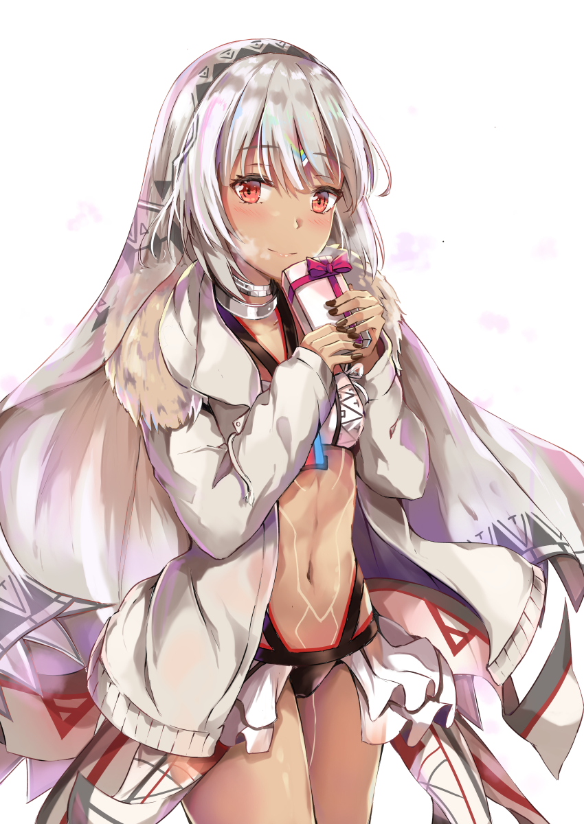 1girl altera_(fate) bangs blush bodypaint box closed_mouth coat commentary_request dark_skin eyebrows_visible_through_hair fate_(series) fingernails fur_trim gift gift_box highres holding konka long_sleeves looking_at_viewer nail_polish navel open_clothes open_coat red_eyes short_hair silver_hair simple_background smile solo standing valentine veil white_background