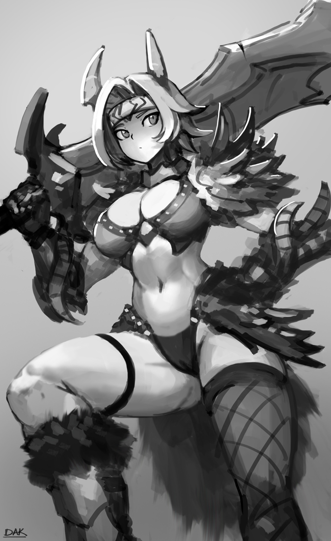 1girl breasts commentary dark_arts_kai feet_out_of_frame gauntlets grey_background greyscale headband holding holding_sword holding_weapon horns huge_weapon large_breasts leg_up looking_to_the_side monochrome monster_hunter navel original over_shoulder panties short_hair signature simple_background solo sword thigh-highs underwear weapon weapon_over_shoulder