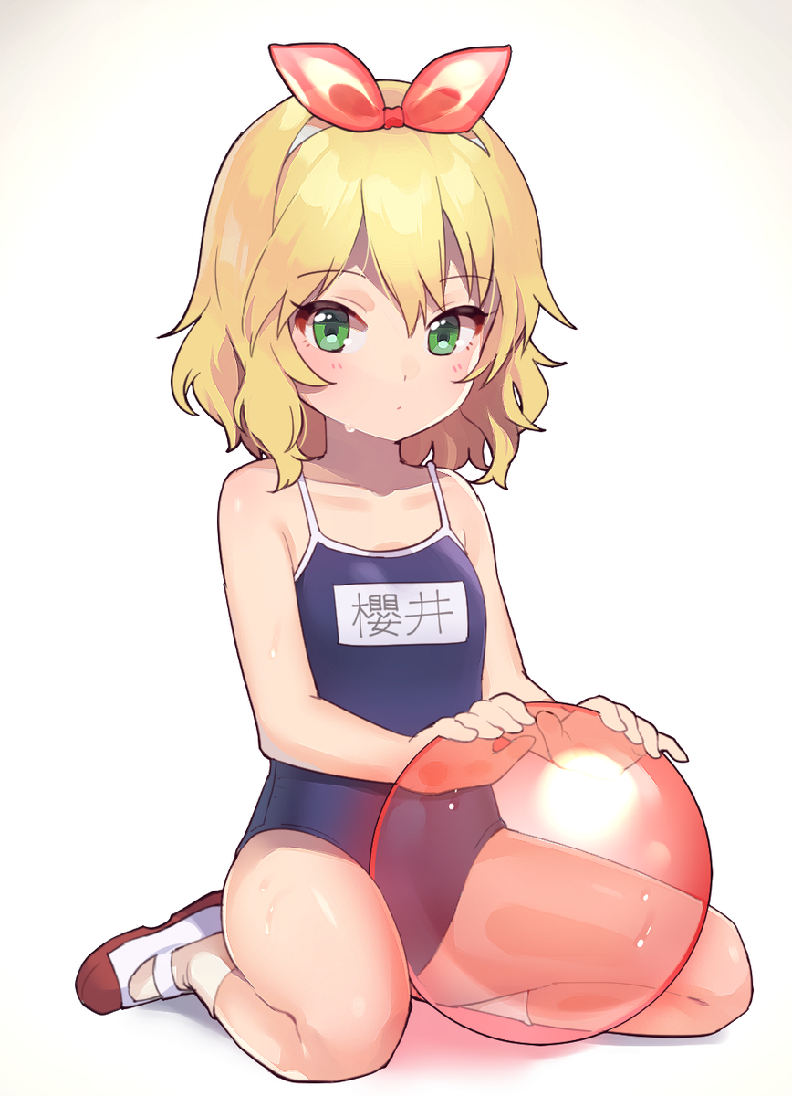 1girl blonde_hair green_eyes hair_ribbon highres idolmaster idolmaster_cinderella_girls image_sample ribbon sakurai_momoka school_swimsuit shoes short_hair sitting solo swimsuit twitter_sample uso_(ameuzaki) wariza white_background white_legwear