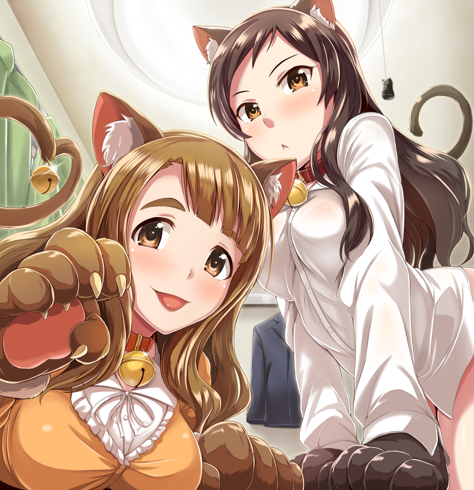 2girls animal_ears bell blush breasts brown_eyes brown_hair cat_ears cat_tail commentary_request dan_(orange_train) eyebrows_visible_through_hair idolmaster idolmaster_million_live! idolmaster_million_live!_theater_days kemonomimi_mode kitazawa_shiho long_hair long_sleeves looking_at_viewer medium_breasts miyao_miya multiple_girls paw_pose smile tail tongue tongue_out