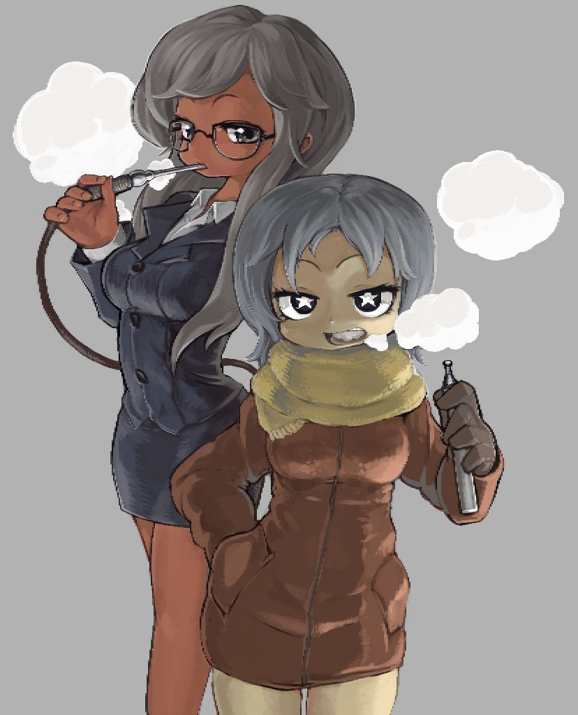 2girls blazer blue_hair breasts buttons clouds collared_shirt dark_skin glasses gloves gobori grey_background grey_hair half-closed_eyes hand_in_pocket height_difference holding inhaling jacket long_hair long_sleeves looking_at_viewer medium_breasts medium_hair multiple_girls open_mouth original pixel_art scarf shirt simple_background skirt smoke star star-shaped_pupils symbol-shaped_pupils vapors