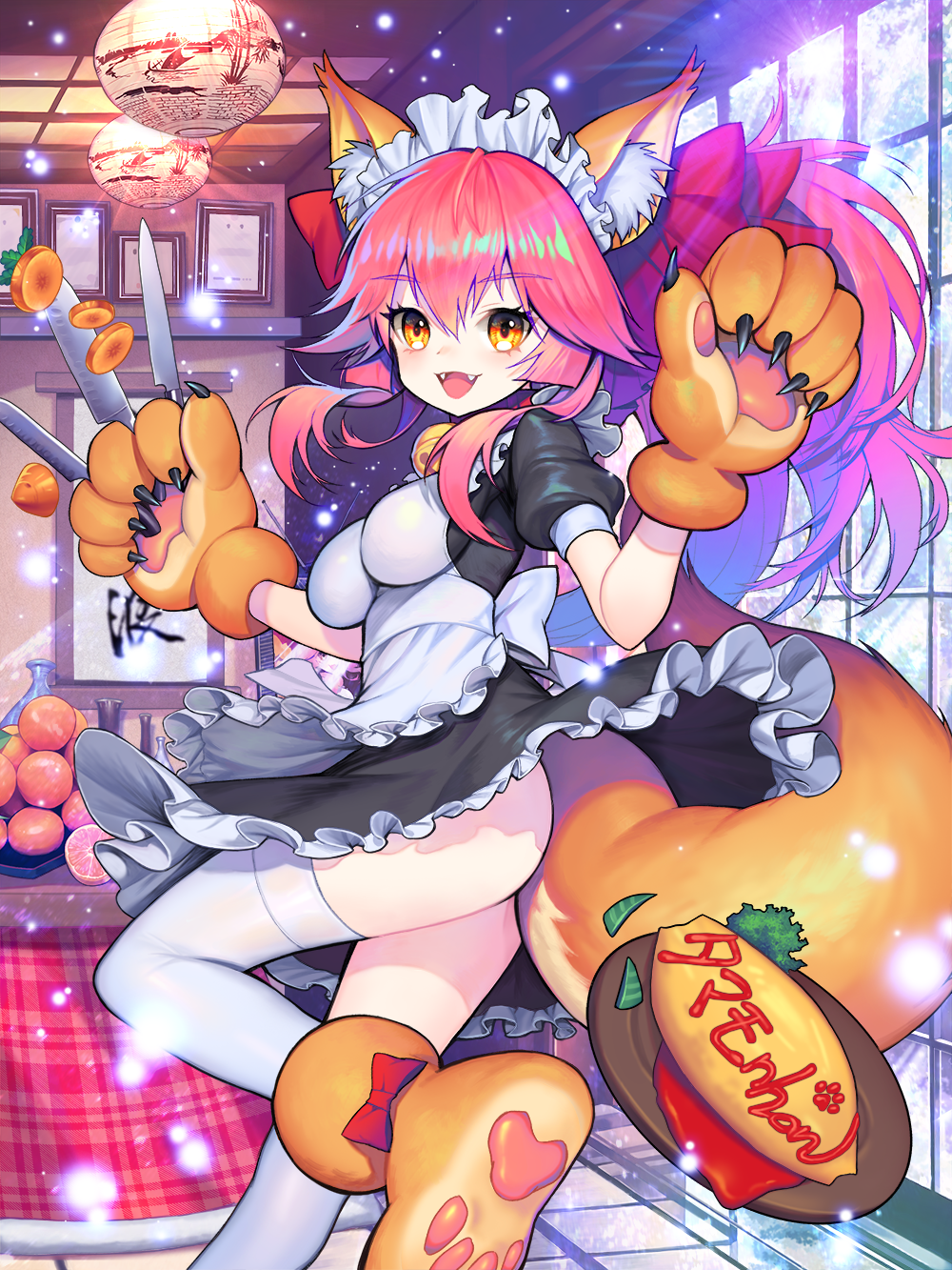 1girl alternate_costume animal_ears apron bell bell_collar blush breasts carrot cat_hair_ornament cat_paws collar convenient_censoring enmaided fangs fate/grand_order fate_(series) food fox_ears fox_tail fruit gloves hair_ornament hair_ribbon highres indoors jingle_bell knife kotatsu kyundoo large_breasts long_hair looking_at_viewer maid maid_apron maid_headdress omelet open_mouth orange paw_gloves paw_shoes paws pink_hair ponytail red_ribbon ribbon shoes solo table tail tamamo_(fate)_(all) tamamo_cat_(fate) vegetable yellow_eyes