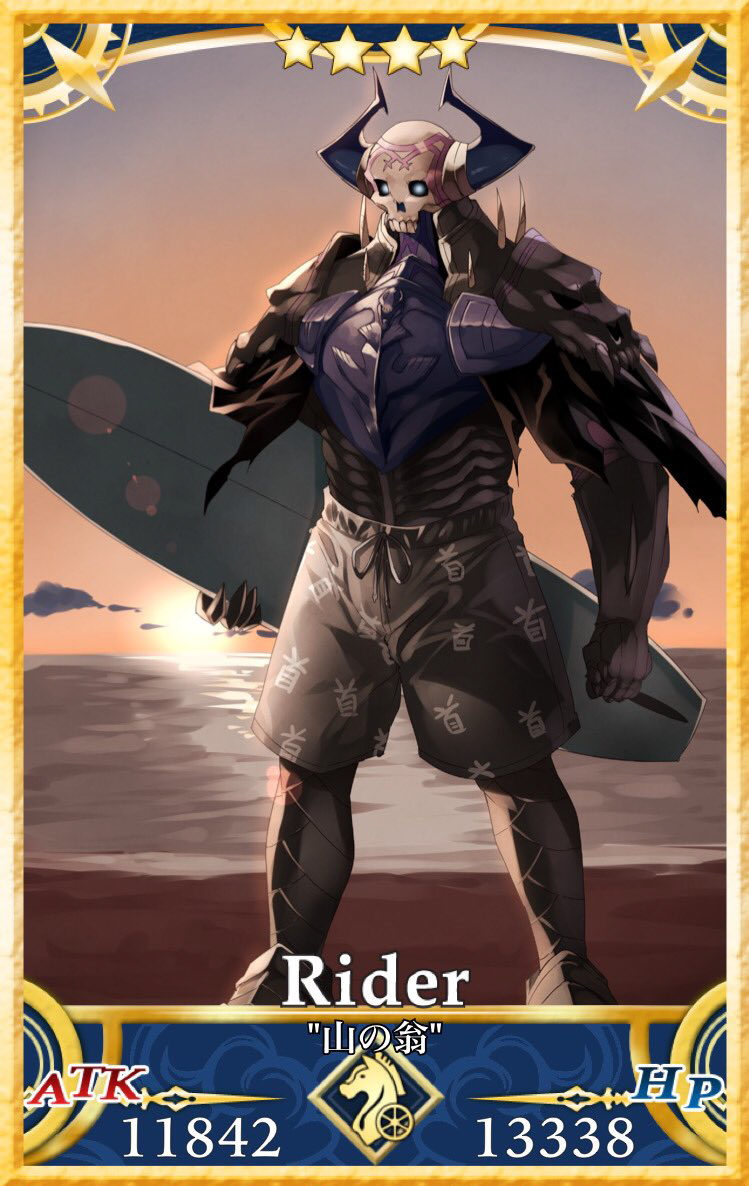 1boy armor beach black_cloak card_(medium) card_parody clothes_writing clouds eiri_(eirri) fate/grand_order fate_(series) glowing glowing_eyes holding holding_surfboard horns king_hassan_(fate/grand_order) male_swimwear ocean outdoors sand servant_card_(fate/grand_order) skull sky solo spikes standing star sunset surfboard swim_trunks swimwear water