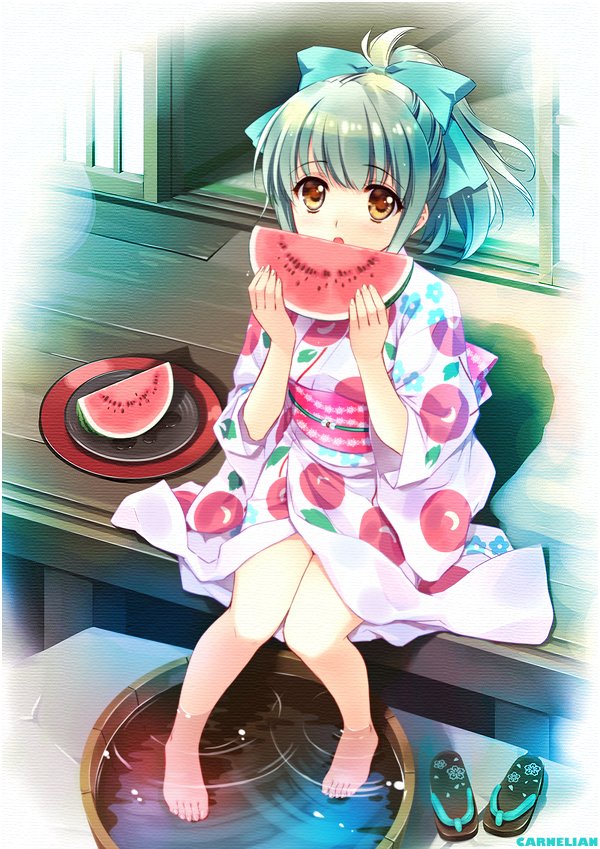 1girl :o alternate_costume artist_name barefoot bow brown_eyes carnelian commentary eating eyebrows_visible_through_hair food from_above fruit full_body green_bow green_hair hair_bow holding holding_fruit japanese_clothes kantai_collection kimono looking_at_viewer plate ponytail sandals solo summer wading watermelon yukata yuubari_(kantai_collection)