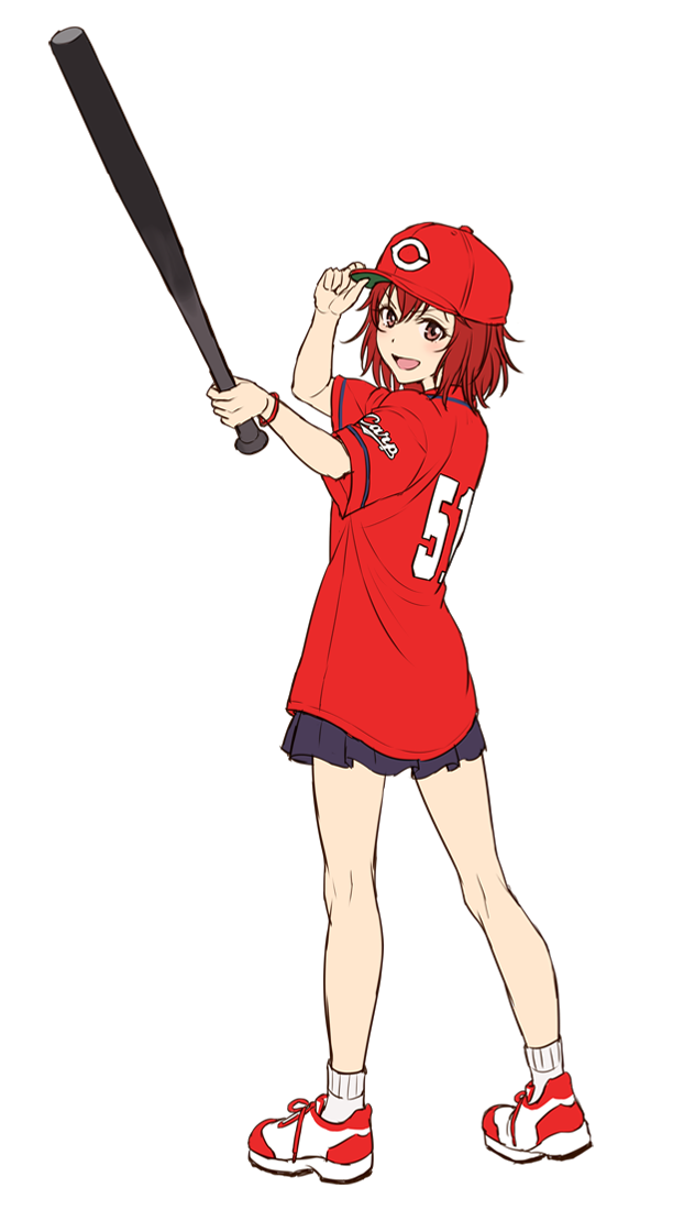 1girl :d adjusting_clothes adjusting_hat baseball_cap baseball_jersey hat hiroshima_touyou_carp holding_baseball_bat idolmaster idolmaster_cinderella_girls looking_back murakami_tomoe nigou nippon_professional_baseball open_mouth pleated_skirt shoes simple_background skirt smile sneakers socks solo white_background white_legwear