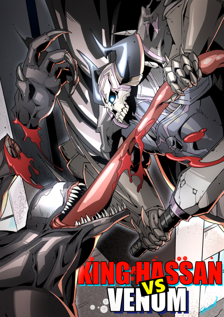 2boys armor black_cloak blood character_name claws crossover eiri_(eirri) eye_contact fate/grand_order fate_(series) glowing glowing_eyes holding holding_sword holding_weapon horns king_hassan_(fate/grand_order) long_tongue looking_at_another male_focus multiple_boys severed_hand sharp_teeth skull slashing spider-man_(series) spikes sword symbiote teeth tongue tongue_grab tongue_out venom_(marvel) weapon