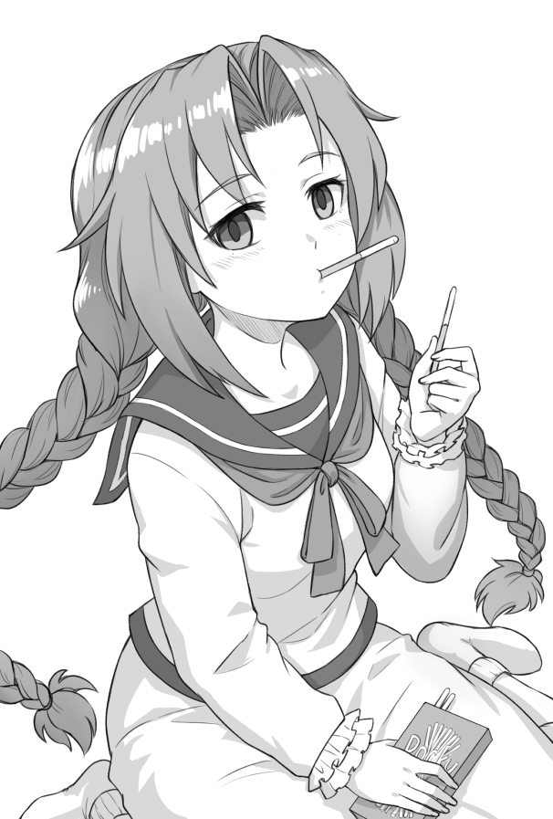 1girl bangs blush braid commentary_request food greyscale hand_up holding long_sleeves looking_at_viewer maritan_(pixelmaritan) monochrome mouth_hold parted_bangs pocky school_uniform serafuku simple_background sitting socks solo star_breaker suguri twin_braids wariza white_background