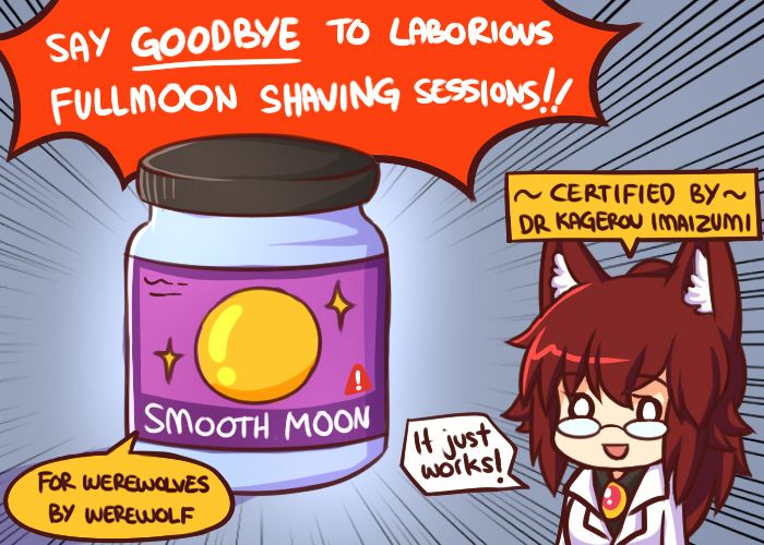 0_0 1girl :d ad animal_ears brown_hair chibi emphasis_lines english eyebrows_visible_through_hair gem glasses imaizumi_kagerou labcoat looking_at_viewer opaque_glasses open_mouth smile solo speech_bubble touhou wolf_ears wool_(miwol)