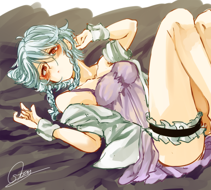 1girl arm_up bangs braid breasts cleavage closed_mouth izayoi_sakuya looking_at_viewer lying medium_breasts on_back open_clothes open_shirt red_eyes shirt short_sleeves side_braid signature silver_hair solo souta_(karasu_no_ouchi) thigh_strap touhou twin_braids white_shirt wrist_cuffs