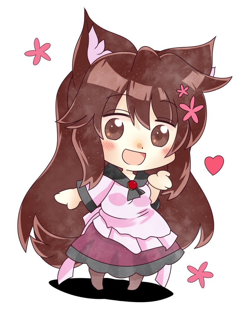 1girl animal_ears blush brooch brown_eyes brown_hair chibi commentary_request dress eyebrows_visible_through_hair flower full_body hair_flower hair_ornament heart imaizumi_kagerou jewelry layered_dress long_sleeves open_mouth petticoat ruto5102 shadow solo standing tail touhou white_background wolf_ears wolf_tail