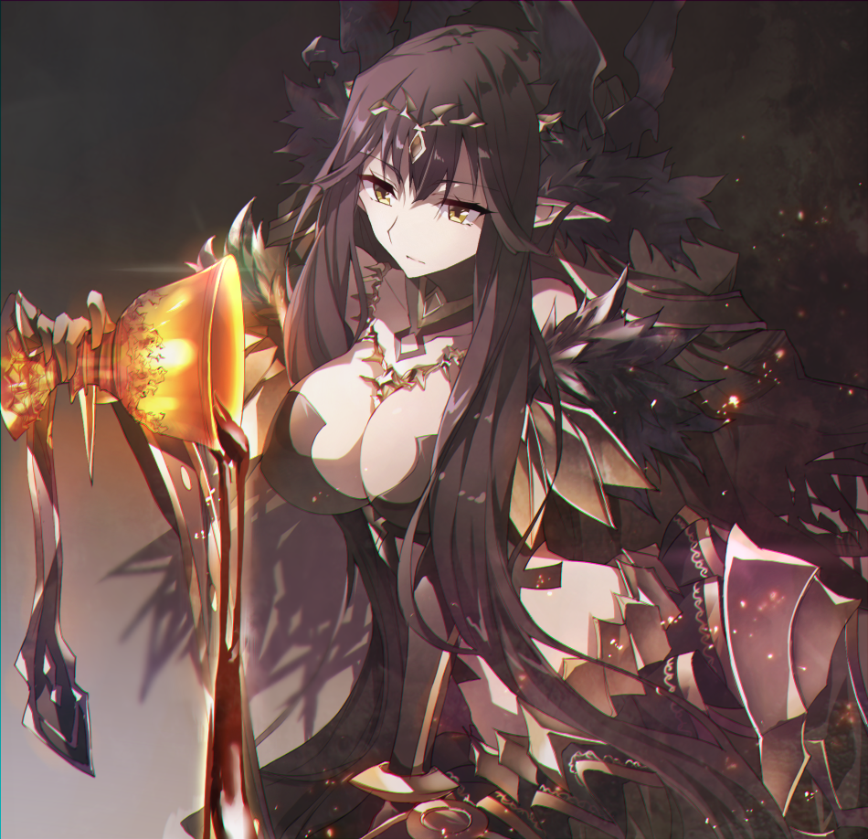 1girl bare_shoulders black_dress black_hair breasts bridal_gauntlets cleavage detached_sleeves dress fate/apocrypha fate_(series) fur_trim grail hair_ornament jewelry large_breasts long_dress long_hair necklace pointy_ears pouring semiramis_(fate) solo spikes tsuedzu very_long_hair yellow_eyes