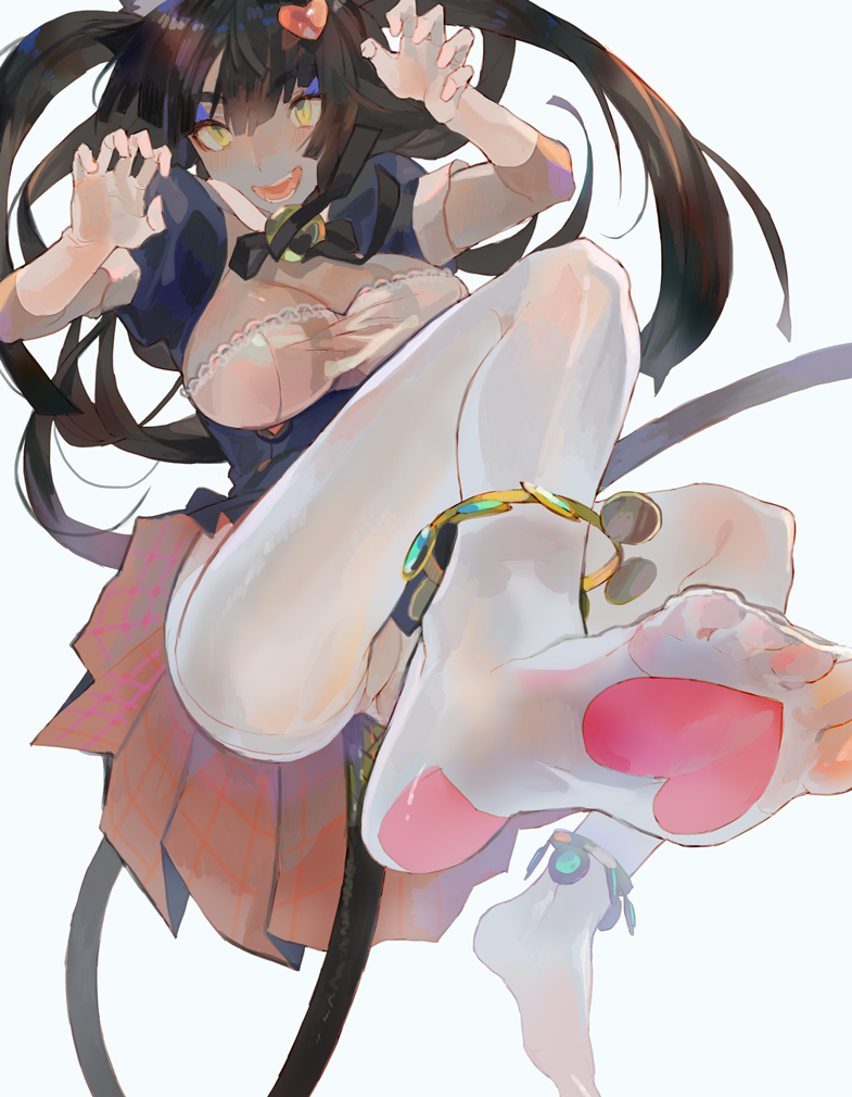 1girl :d anklet blue_skirt breasts brown_hair claw_pose commentary_request gloves hair_ornament heart heart_hair_ornament jewelry kibadori_rue large_breasts looking_at_viewer open_mouth original pantyhose pleated_skirt puffy_short_sleeves puffy_sleeves short_sleeves skirt smile solo white_gloves yellow_eyes