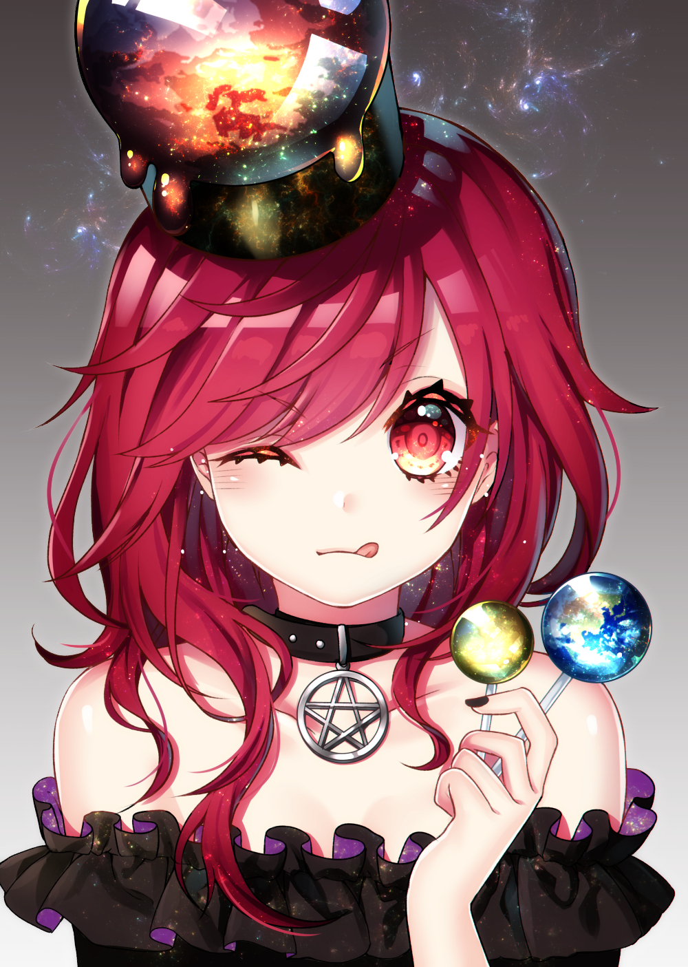 1girl bare_shoulders black_nails candy closed_mouth collar eyelashes food gradient gradient_background hecatia_lapislazuli highres jewelry kyouda_suzuka licking_lips lollipop long_hair looking_at_viewer nail_polish one_eye_closed pendant pentagram polos_crown red_eyes redhead smile solo tongue tongue_out touhou upper_body