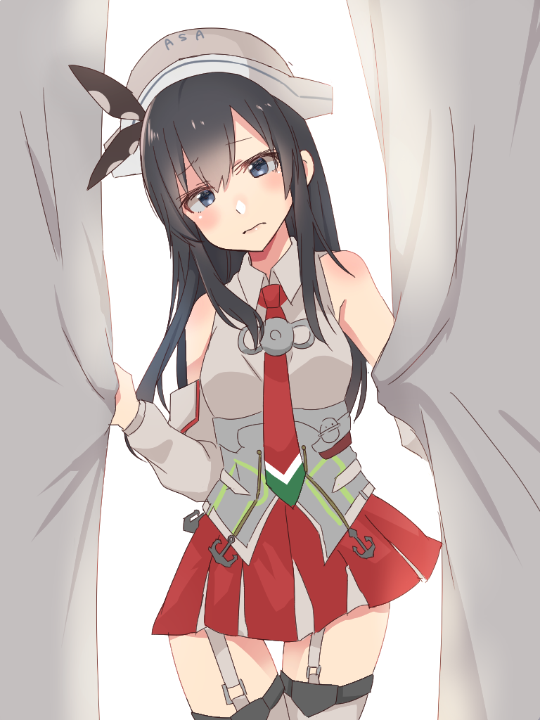 1girl alternate_costume asashio_(kantai_collection) bare_shoulders black_hair blue_eyes breasts corset cosplay curtains detached_sleeves garter_straps hair_ornament headdress kantai_collection littorio_(kantai_collection) littorio_(kantai_collection)_(cosplay) long_hair looking_at_viewer miniskirt neck_ribbon necktie red_neckwear ribbon rinto_(rint_rnt) skirt small_breasts smile solo thigh-highs white_legwear