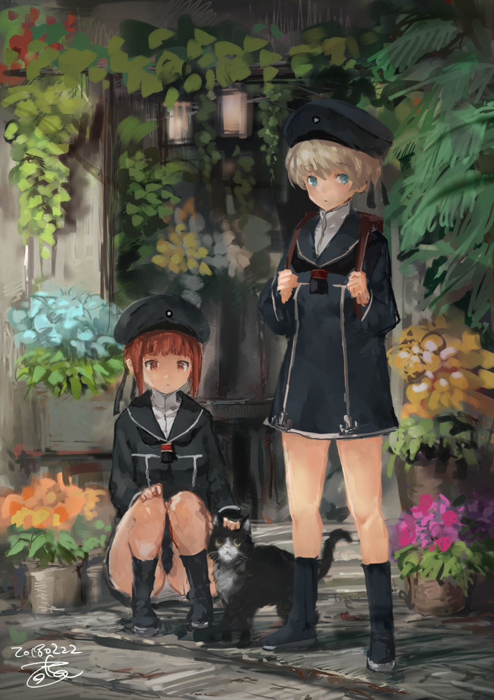 2girls animal backpack bag bangs black_cat black_dress black_hat black_legwear black_sailor_collar blonde_hair blue_eyes blunt_bangs cat dated door dress eyebrows_visible_through_hair flower_pot full_body hand_on_own_knee hat kantai_collection kneehighs legs_apart long_sleeves looking_at_viewer multiple_girls outdoors panties pantyshot pantyshot_(squatting) petting plant potted_plant red_eyes redhead sailor_collar sailor_dress sailor_senshi_uniform short_dress sidelocks signature squatting standing toka_(marchlizard) underwear upskirt white_panties z1_leberecht_maass_(kantai_collection) z3_max_schultz_(kantai_collection)