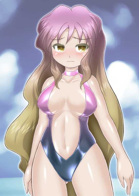 1girl alternate_costume bare_arms bare_shoulders blonde_hair blush breasts casual_one-piece_swimsuit center_opening choker closed_mouth collarbone cowboy_shot eyebrows_visible_through_hair eyelashes frown gluteal_fold gradient_clothes gradient_hair hijiri_byakuren large_breasts long_hair multicolored_hair navel one-piece_swimsuit pink_choker purple_hair raised_eyebrows shiny sidelocks solo standing stomach swimsuit touhou very_long_hair wavy_hair winn yellow_eyes