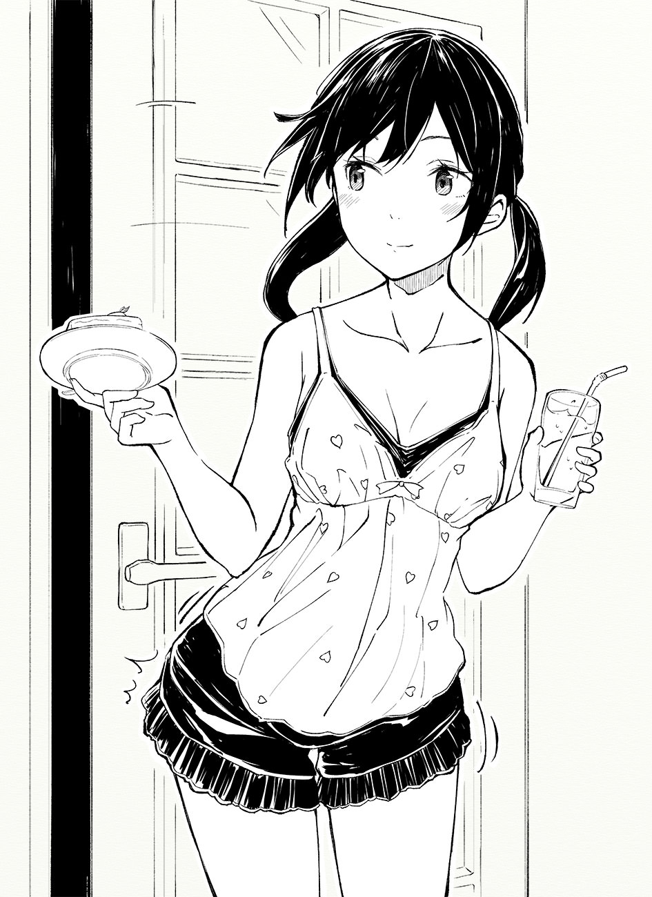 1girl bangs blush cake camisole closed_mouth collarbone cup door drinking_straw food greyscale highres hiwatari_rin holding holding_cup holding_food indoors looking_to_the_side monochrome original shorts sidelocks smile solo twintails