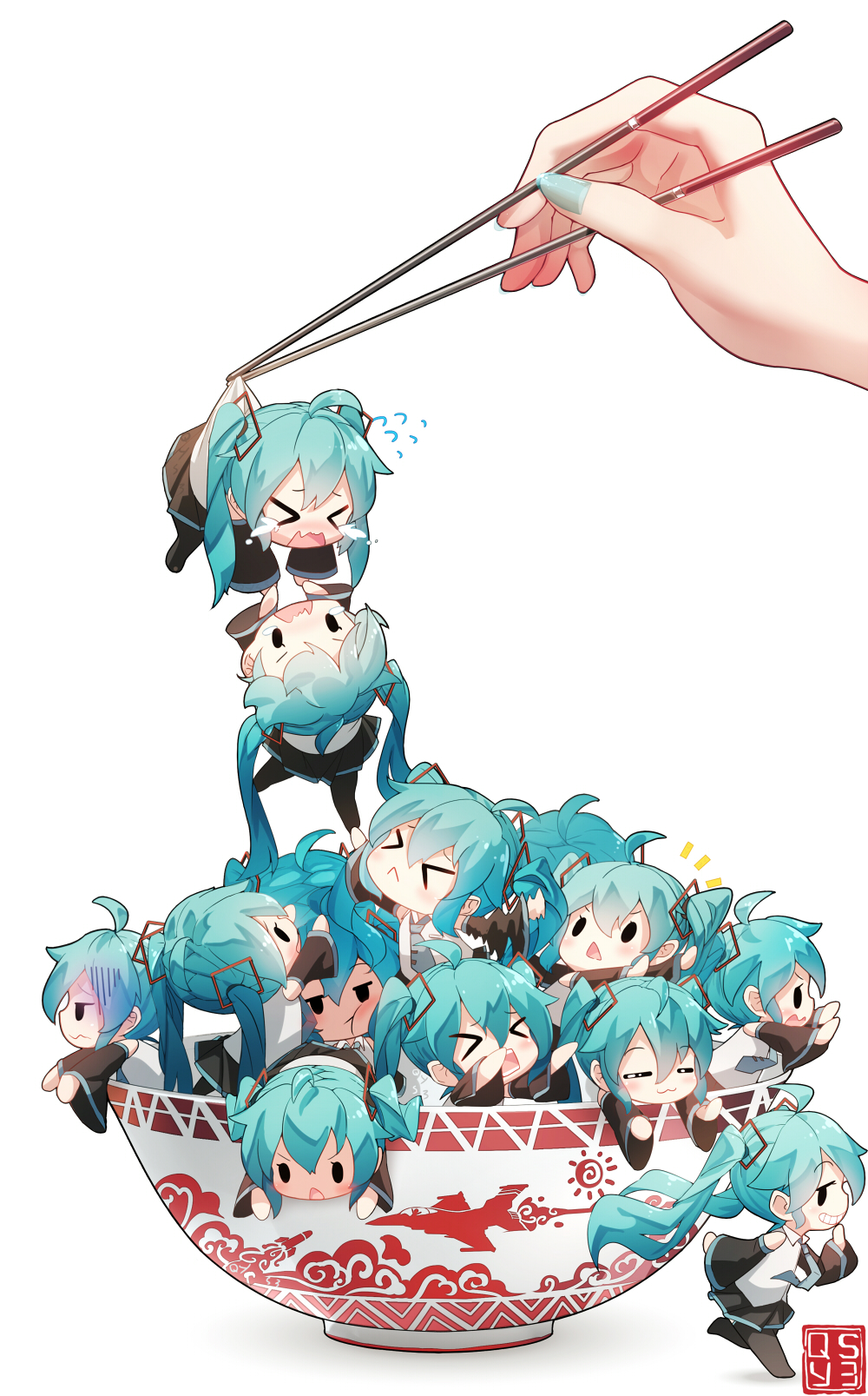 &gt;_&lt; 6+girls :&lt; :t ahoge aqua_eyes aqua_hair bai_yemeng bowl chibi chopsticks grin hatsune_miku highres long_hair minigirl multiple_girls nail_polish necktie open_mouth revision simple_background skirt smile tears thigh-highs twintails very_long_hair vocaloid wavy_mouth white_background