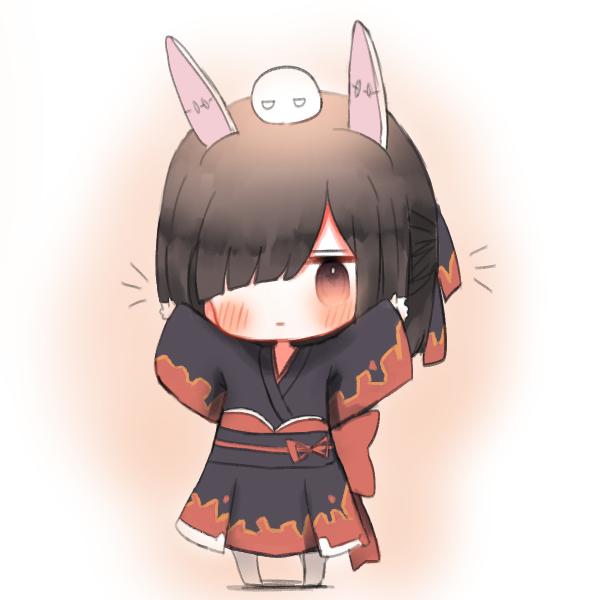 1girl animal_ears azur_lane black_hair black_kimono black_ribbon blush brown_eyes chibi closed_mouth cottontailtokki fake_animal_ears flame_print full_body hair_ornament hair_over_one_eye hair_ribbon hairclip hands_up head_tilt japanese_clothes kimono long_sleeves looking_at_viewer on_head outstretched_arms pantyhose print_kimono print_ribbon rabbit_ears ribbon shiranui_(azur_lane) sleeves_past_wrists solo standing white_legwear wide_sleeves