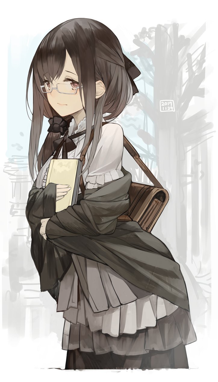 1girl bag bangs black_hair book brown_eyes cardigan closed_mouth dated eyebrows_visible_through_hair half_updo highres holding holding_book light_smile long_hair open_cardigan open_clothes original rayvon shoulder_bag sidelocks smile solo tareme