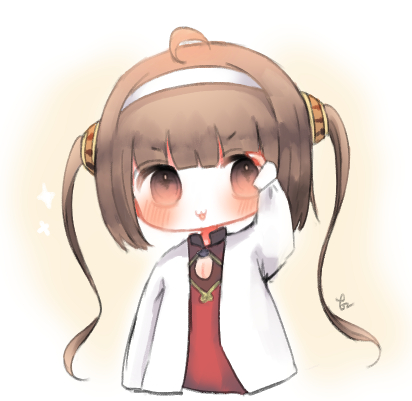 1girl :3 :d ahoge arm_up azur_lane bangs blush brown_eyes brown_hair chibi cottontailtokki dress eyebrows_visible_through_hair hairband hairpods head_tilt jacket long_hair long_sleeves looking_at_viewer lowres open_mouth ping_hai_(azur_lane) red_dress smile solo twintails v-shaped_eyebrows very_long_hair white_hairband white_jacket