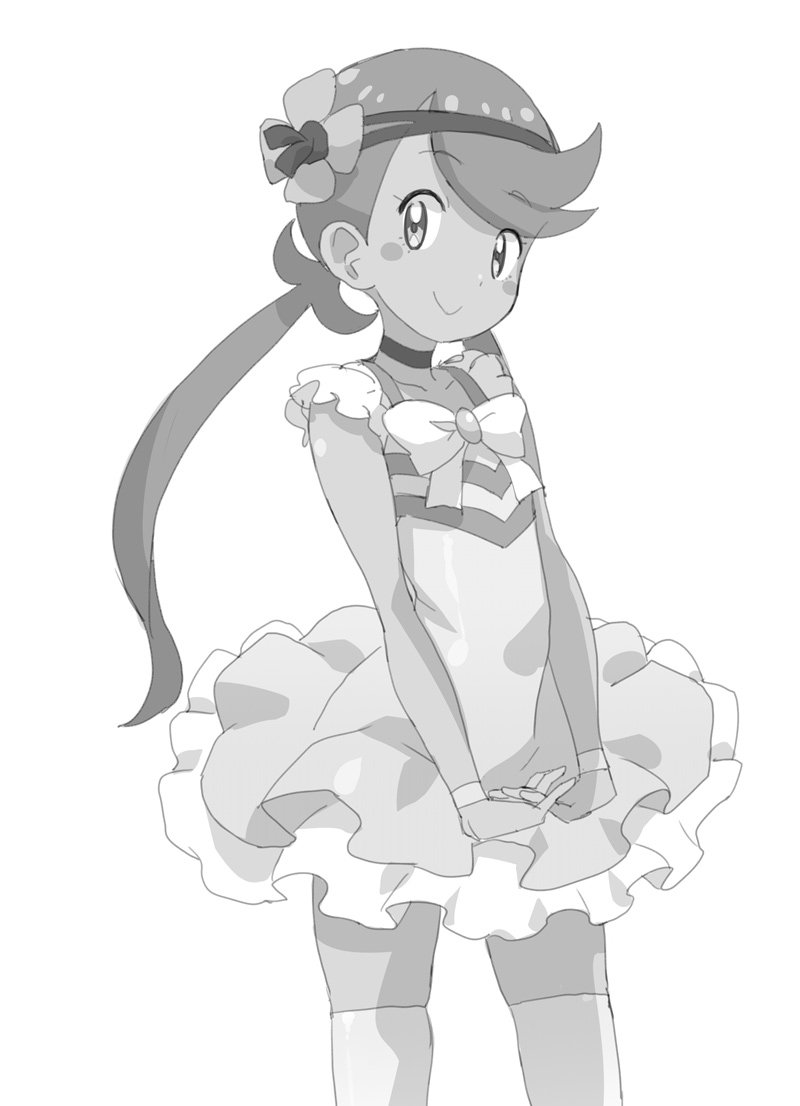 1girl alternate_costume blush_stickers bow dress flower greyscale hair_flower hair_ornament long_hair mallow_(pokemon) monochrome ookamiuo pokemon pokemon_(game) pokemon_sm sleeveless sleeveless_dress smile solo trial_captain twintails