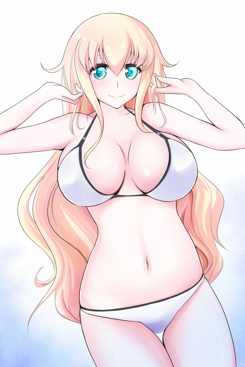 1girl bikini blue_eyes breasts camilla_(sennen_sensou_aigis) chinabreckenridge large_breasts long_hair looking_at_viewer navel sennen_sensou_aigis smile solo swimsuit