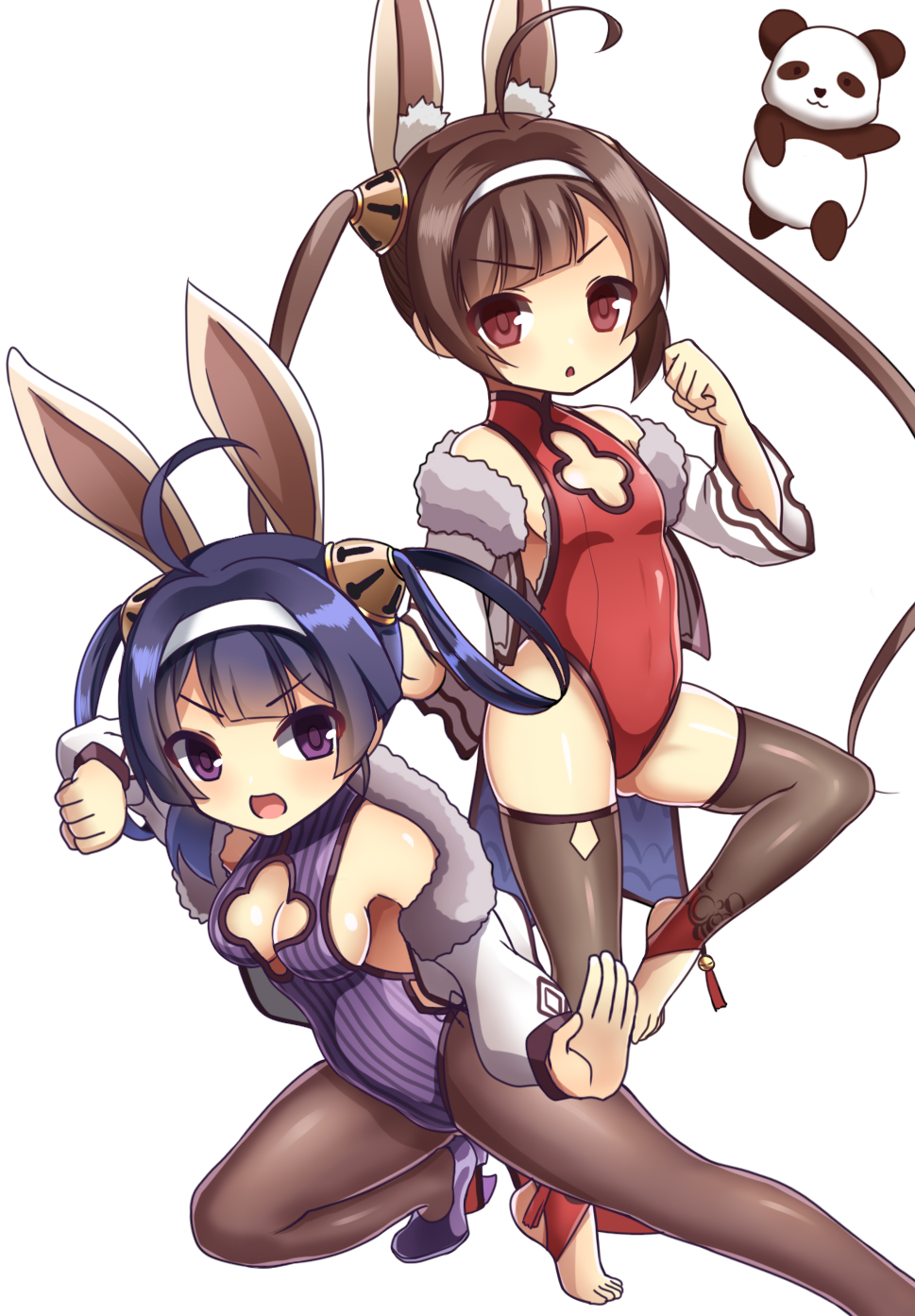 2girls :d ahoge alice360 animal_ears azur_lane bangs bare_shoulders black_legwear breasts brown_eyes brown_hair cleavage cleavage_cutout eyebrows_visible_through_hair fighting_stance fur-trimmed_jacket fur_trim hair_rings hairband hairpods highres jacket leotard long_hair long_sleeves looking_at_viewer medium_breasts multiple_girls ning_hai_(azur_lane) off_shoulder open_mouth panda pantyhose parted_lips ping_hai_(azur_lane) puffy_long_sleeves puffy_sleeves purple_footwear purple_hair purple_leotard rabbit_ears red_leotard shoes simple_background small_breasts smile standing standing_on_one_leg stirrup_legwear thigh-highs twintails v-shaped_eyebrows very_long_hair violet_eyes white_background white_hairband white_jacket