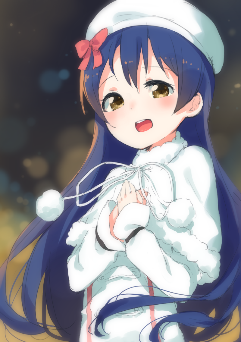 1girl bangs blue_hair blush commentary_request detached_sleeves eyebrows_visible_through_hair fur_trim hair_between_eyes hands_on_own_chest hat long_hair looking_at_viewer love_live! love_live!_school_idol_project open_mouth ribbon smile snow_halation solo sonoda_umi tofu1601 upper_body yellow_eyes