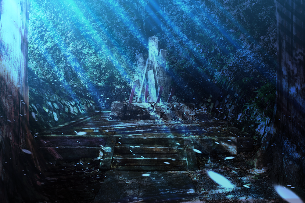 forest light_particles light_rays nature night original outdoors scenery shrine stairs tree zennmai_siki