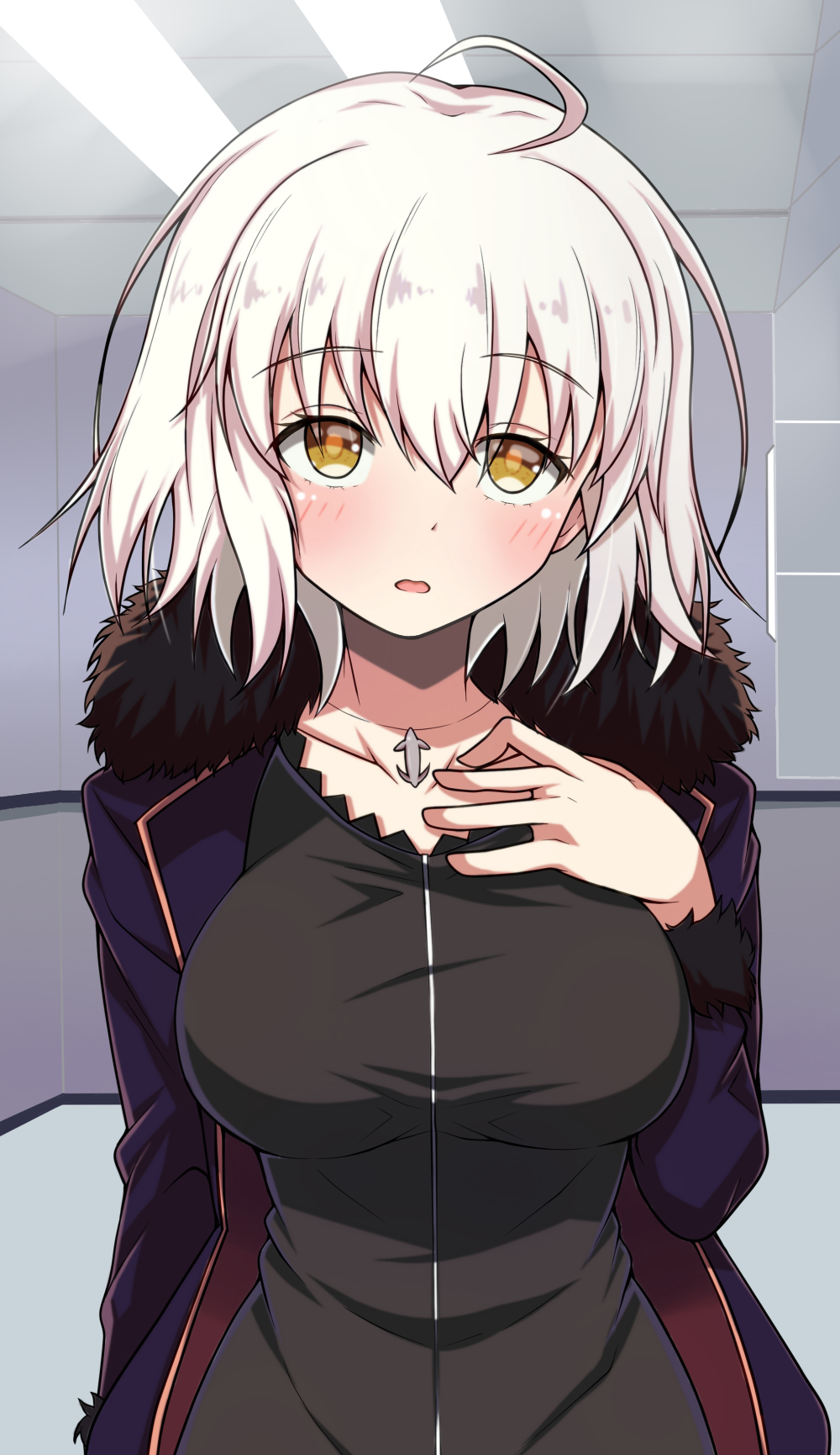 1girl :o ahoge bangs black_dress breasts collarbone dress eyebrows_visible_through_hair fate/apocrypha fate_(series) fur-trimmed_jacket fur-trimmed_sleeves fur_trim hand_on_own_chest highres indoors jacket jeanne_d'arc_(alter)_(fate) jeanne_d'arc_(fate)_(all) jewelry large_breasts long_sleeves looking_at_viewer necklace open_clothes open_jacket open_mouth pendant purple_jacket short_hair solo tokitoki_(commando) upper_body white_hair yellow_eyes