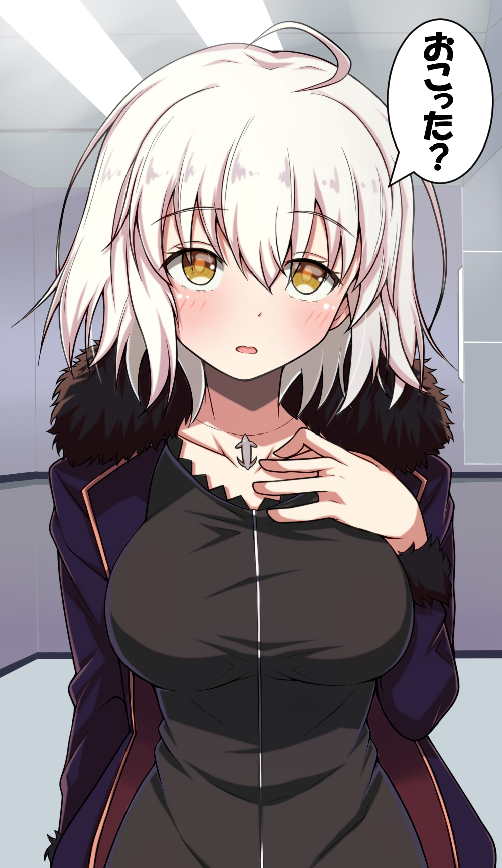 1girl :o ahoge bangs black_dress breasts collarbone dress eyebrows_visible_through_hair fate/apocrypha fate_(series) fur-trimmed_jacket fur-trimmed_sleeves fur_trim hand_on_own_chest highres indoors jacket jeanne_d'arc_(alter)_(fate) jeanne_d'arc_(fate)_(all) jewelry large_breasts long_sleeves looking_at_viewer necklace open_clothes open_jacket open_mouth pendant purple_jacket short_hair solo speech_bubble tokitoki_(commando) translation_request upper_body white_hair yellow_eyes