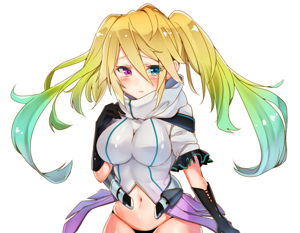 1girl aqua_hair black_bikini_bottom black_gloves blonde_hair blue_eyes blue_hair blush breasts character_request chunithm cona_kinaco eyebrows_visible_through_hair furrowed_eyebrows gloves green_hair hair_between_eyes heterochromia large_breasts looking_at_viewer multicolored_hair navel parted_lips pink_eyes solo twintails white_background