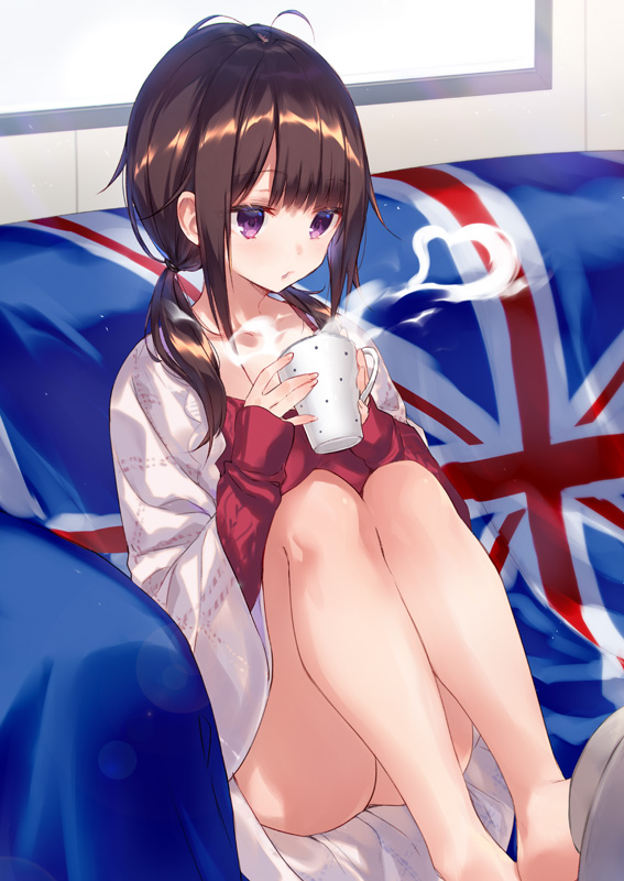 1girl bangs bare_legs blush brown_hair couch cup holding holding_cup holding_mug indoors knees_up legs_together mug original sidelocks sitting sleeves_past_wrists solo steam suisen thighs twintails union_jack violet_eyes