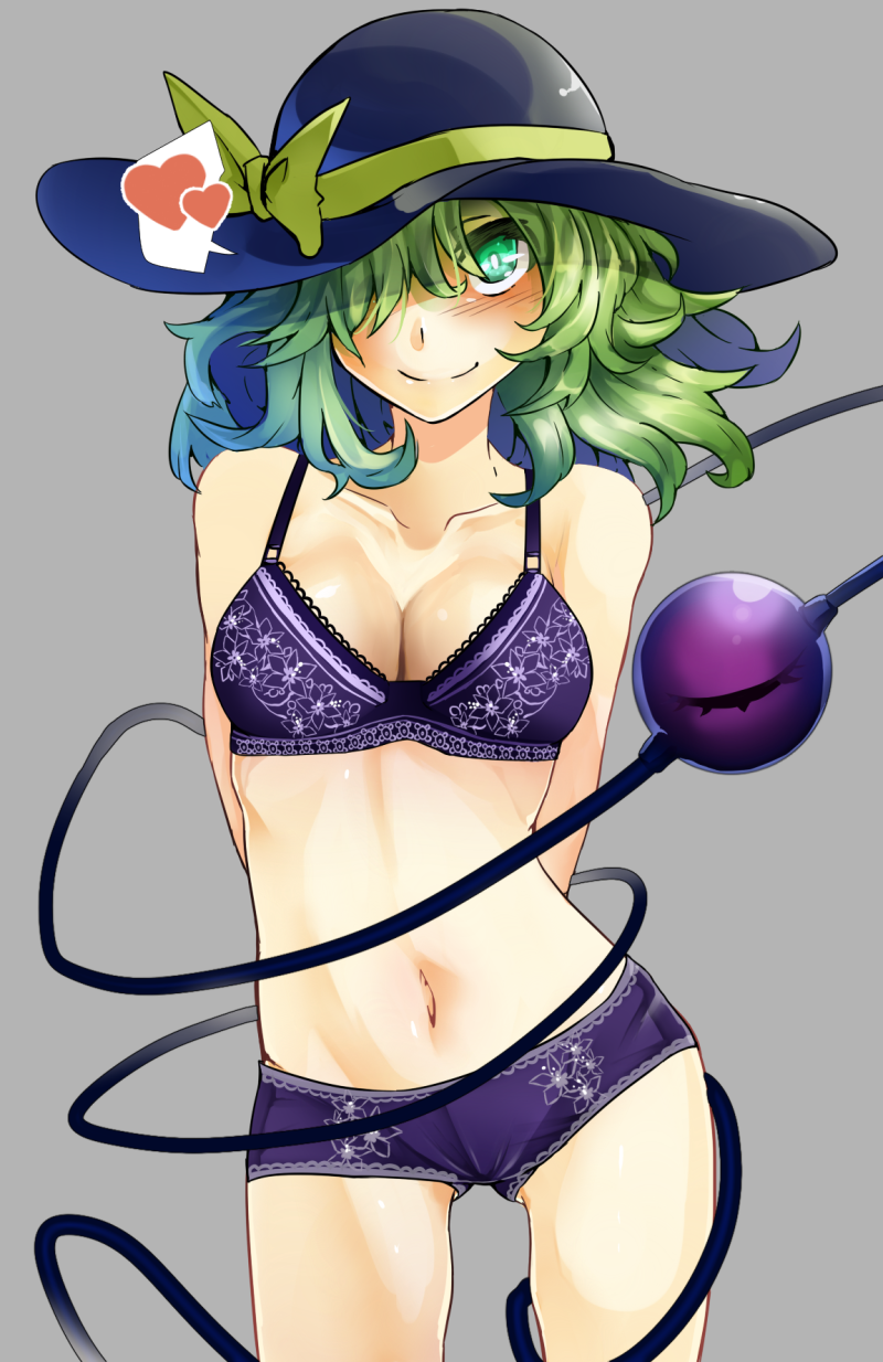 1girl arms_behind_back bare_shoulders bow bra breasts cleavage closed_mouth collarbone cowboy_shot eyeball glowing glowing_eyes gluteal_fold green_eyes green_hair grey_background hair_over_one_eye hat hat_bow heart heart_of_string highres komeiji_koishi lingerie long_hair looking_at_viewer manekinekoppoi_inu medium_breasts navel panties purple_bra purple_panties simple_background smile solo standing stomach third_eye touhou underwear underwear_only