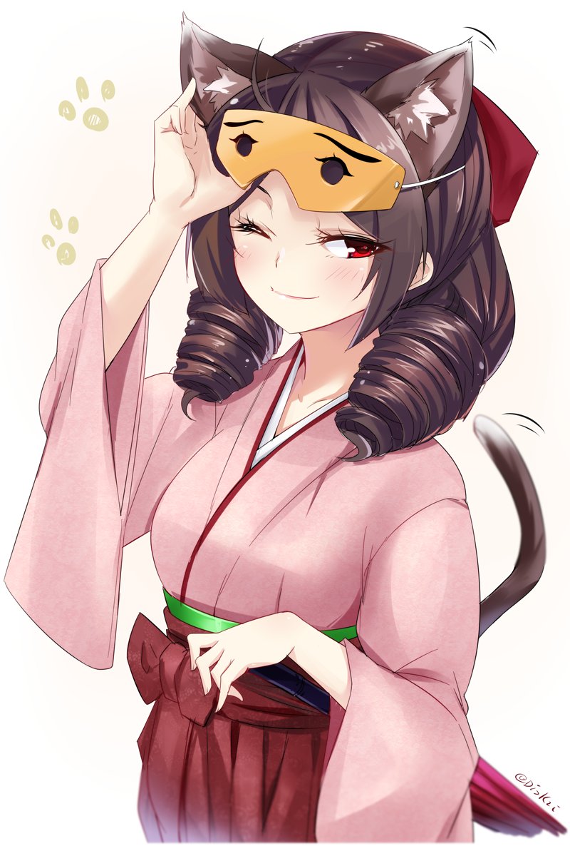 1girl animal_ears bow brown_hair cat_ears cat_tail closed_umbrella commentary_request cowboy_shot drill_hair hair_bow hakama harukaze_(kantai_collection) highres japanese_clothes kantai_collection kimono lzd mask meiji_schoolgirl_uniform one_eye_closed oriental_umbrella paw_print pink_kimono red_bow red_eyes red_hakama smile solo tail twin_drills umbrella
