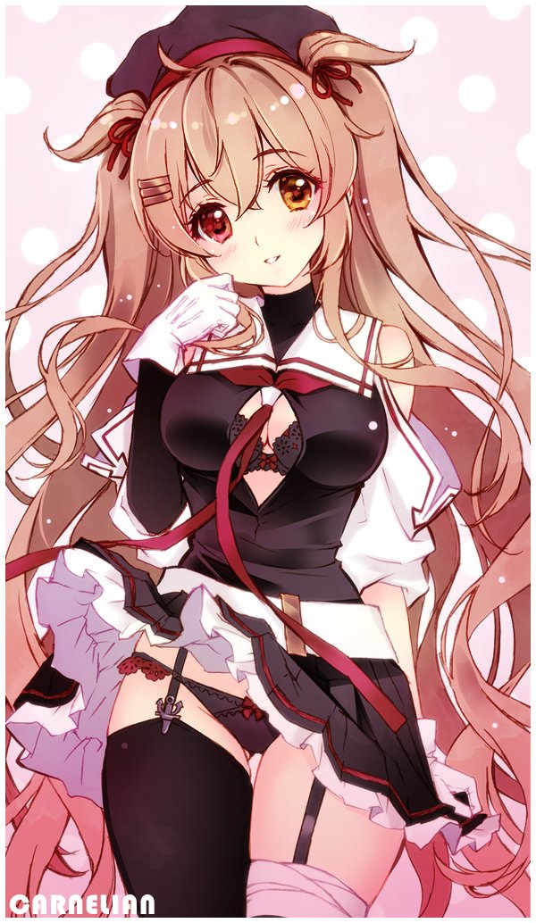 1girl ahoge artist_name asymmetrical_clothes asymmetrical_legwear bandage bare_shoulders black_hat black_legwear black_panties black_serafuku black_skirt blush breasts carnelian cleavage frilled_skirt frills garter_straps gloves gluteal_fold hair_ornament hairclip hand_on_own_cheek hat heterochromia kantai_collection light_brown_hair long_sleeves looking_at_viewer medium_breasts murasame_(kantai_collection) open_clothes open_shirt panties parted_lips pink_background pleated_skirt polka_dot polka_dot_background red_eyes remodel_(kantai_collection) school_uniform serafuku single_sleeve skindentation skirt solo thigh-highs two_side_up underwear upper_body white_belt white_border white_gloves yellow_eyes